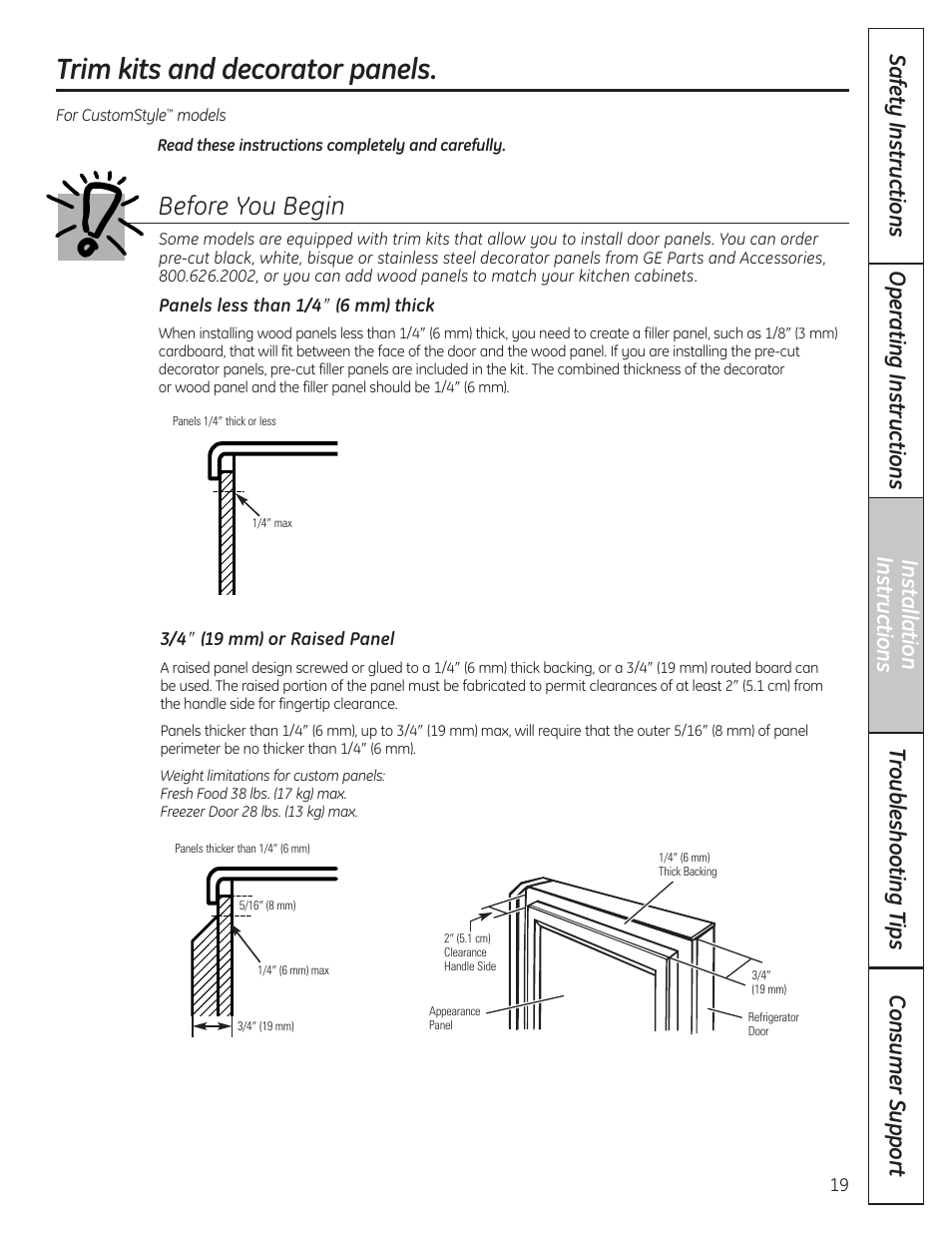 Trim kits and panels, Trim kits and panels –22, Trim kits and decorator panels | Before you begin | GE 23 User Manual | Page 19 / 132