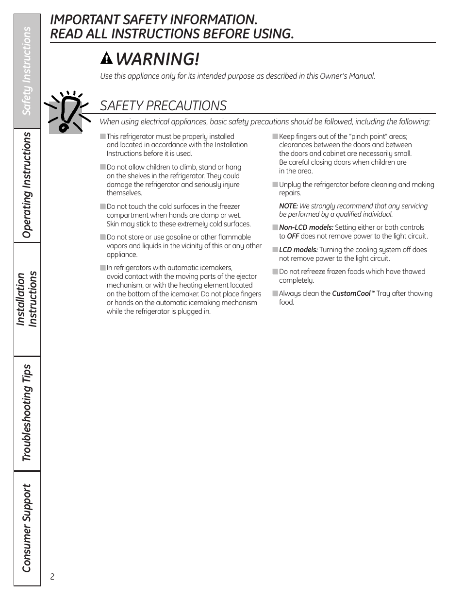 Safety instructions, Warning, Safety precautions | GE 23 User Manual | Page 2 / 132