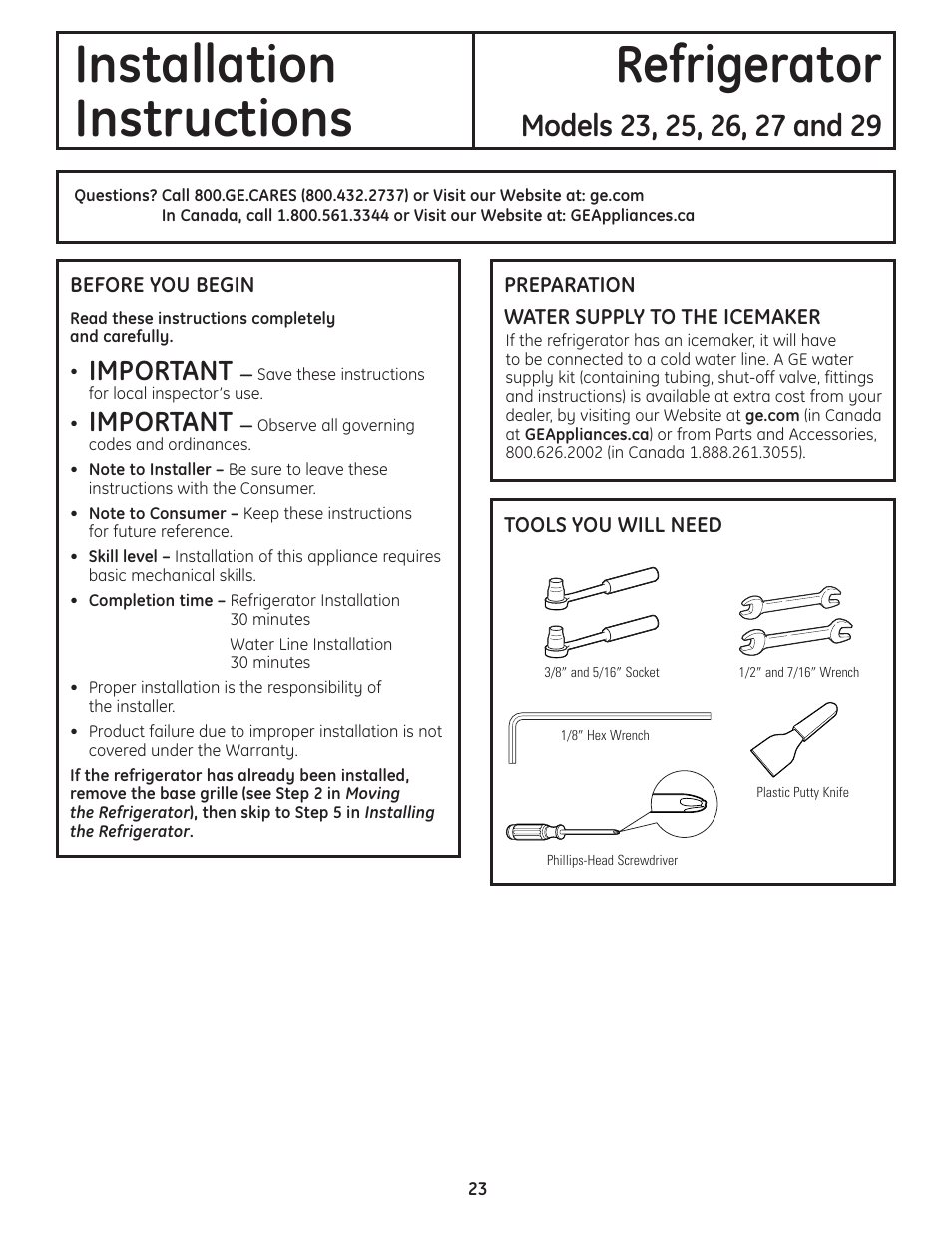 Preparing to install the refrigerator, Installation refrigerator instructions, Important | GE 23 User Manual | Page 23 / 132