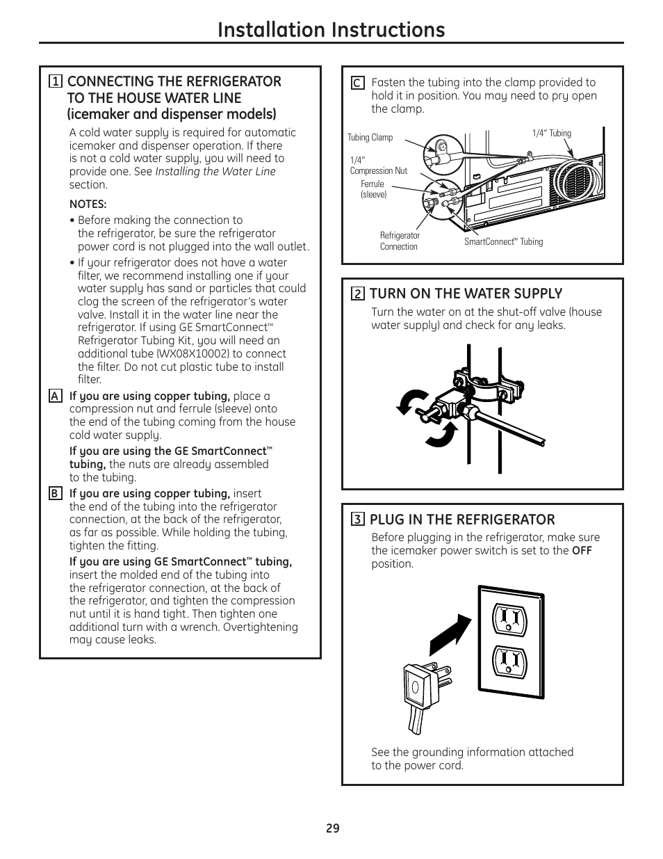 Installation instructions, Turn on the water supply, Plug in the refrigerator | GE 23 User Manual | Page 29 / 132