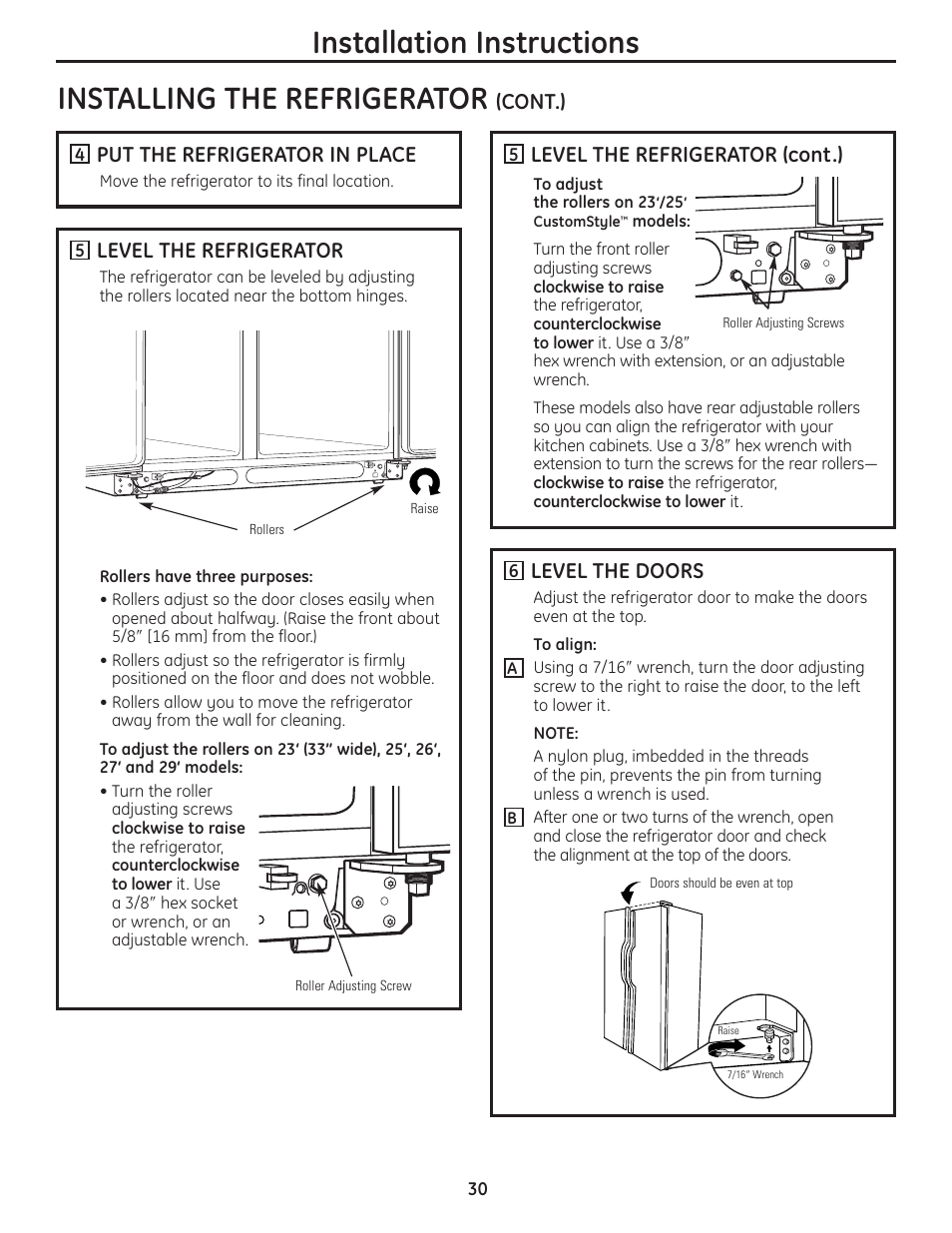 Level the refrigerator (cont.), Cont.) put the refrigerator in place, Level the refrigerator | Level the doors | GE 23 User Manual | Page 30 / 132