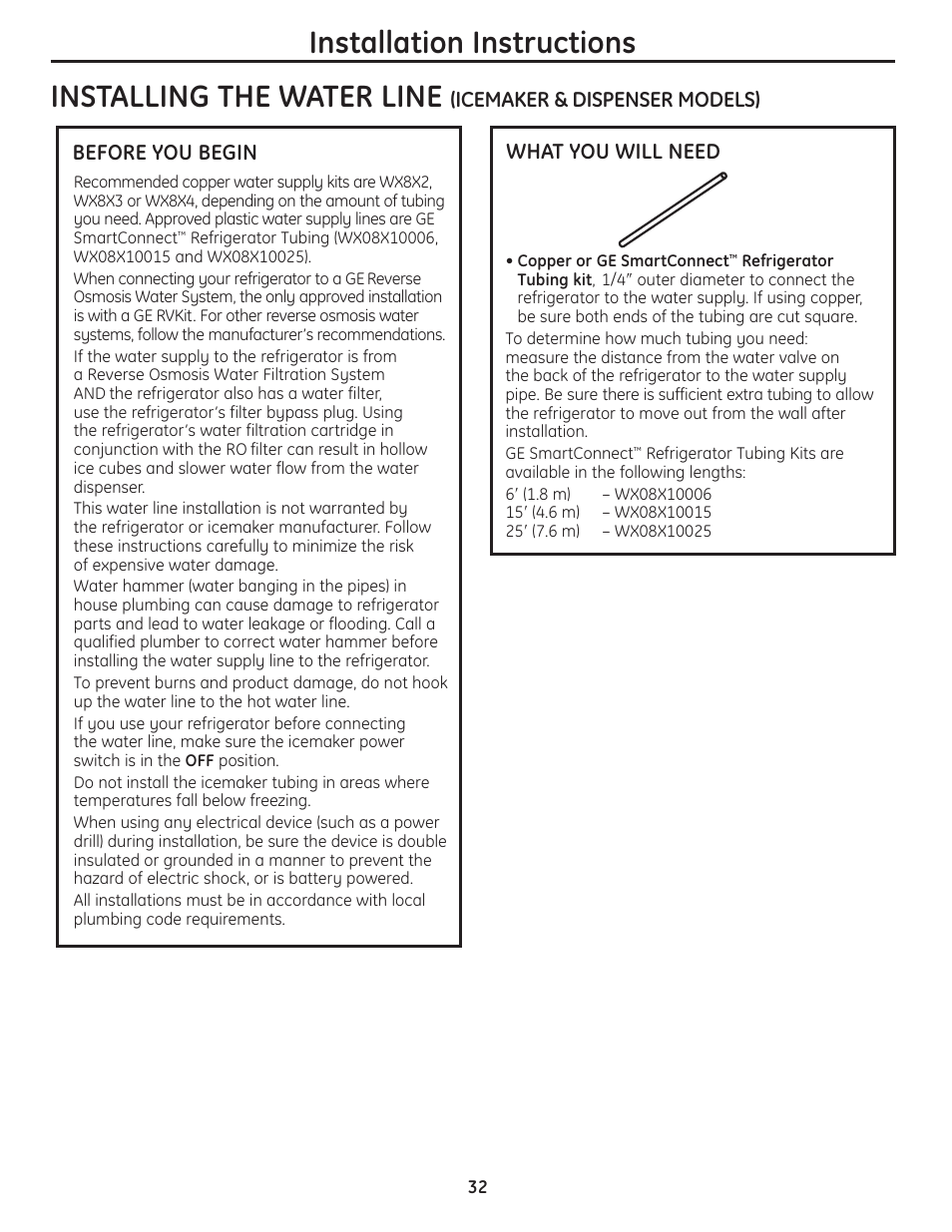 Water line installation, Water line installation –34, Installing the water line | Installation instructions | GE 23 User Manual | Page 32 / 132