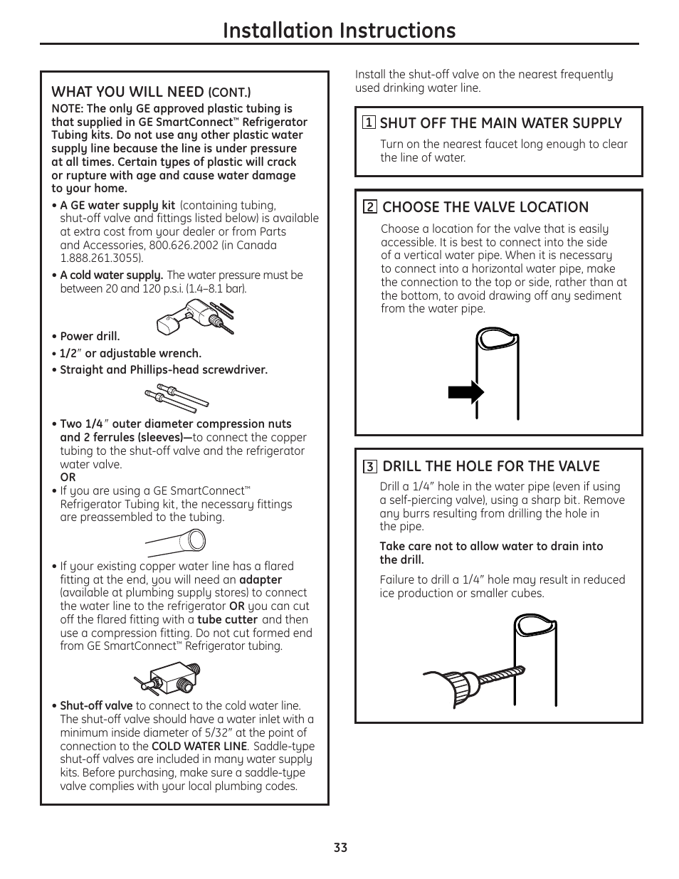 Installation instructions, What you will need, Shut off the main water supply | Choose the valve location, Drill the hole for the valve | GE 23 User Manual | Page 33 / 132
