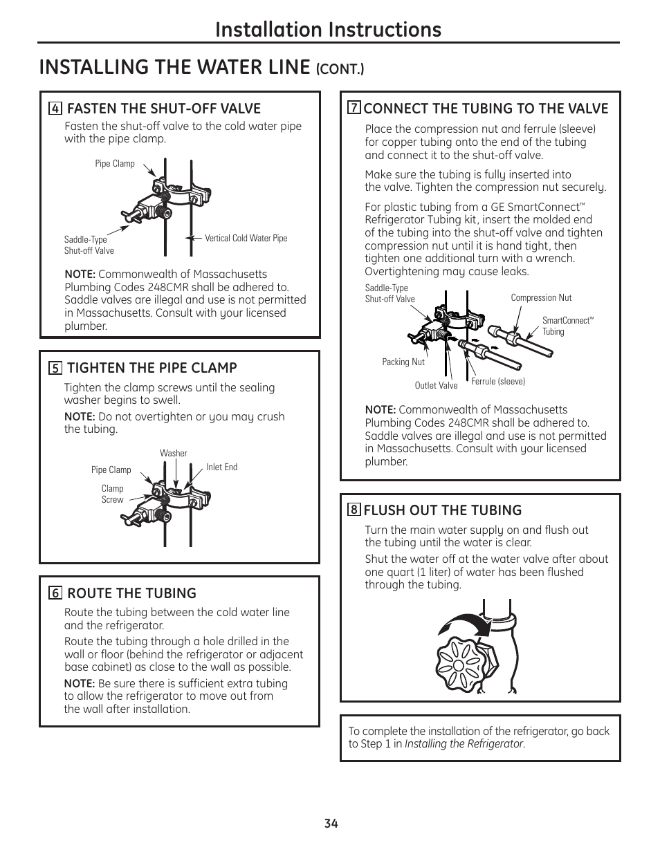 Installing the water line, Installation instructions, Connect the tubing to the valve | Flush out the tubing, Cont.), Fasten the shut-off valve, Tighten the pipe clamp, Route the tubing | GE 23 User Manual | Page 34 / 132