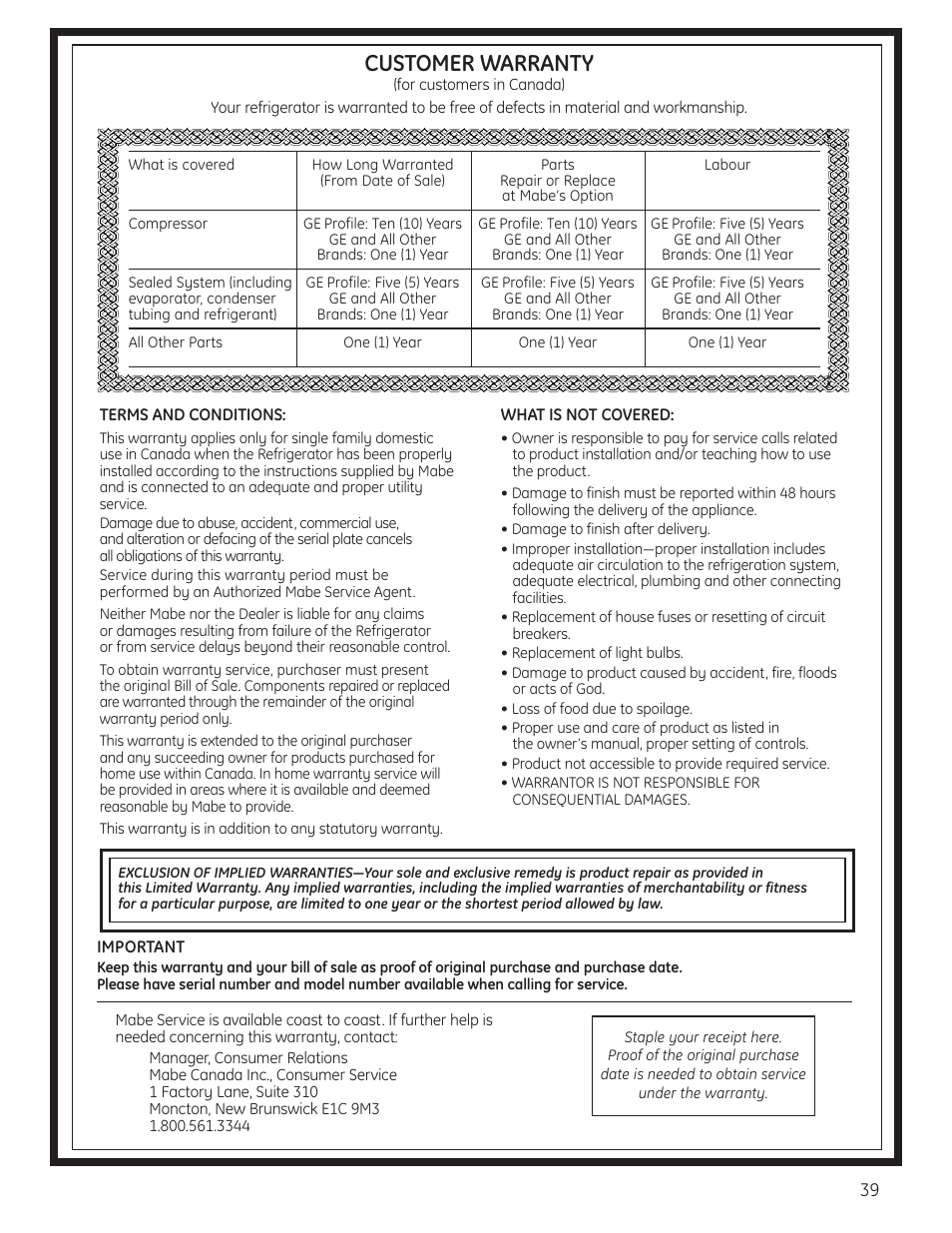 Warranty (canadian), Customer warranty | GE 23 User Manual | Page 39 / 132