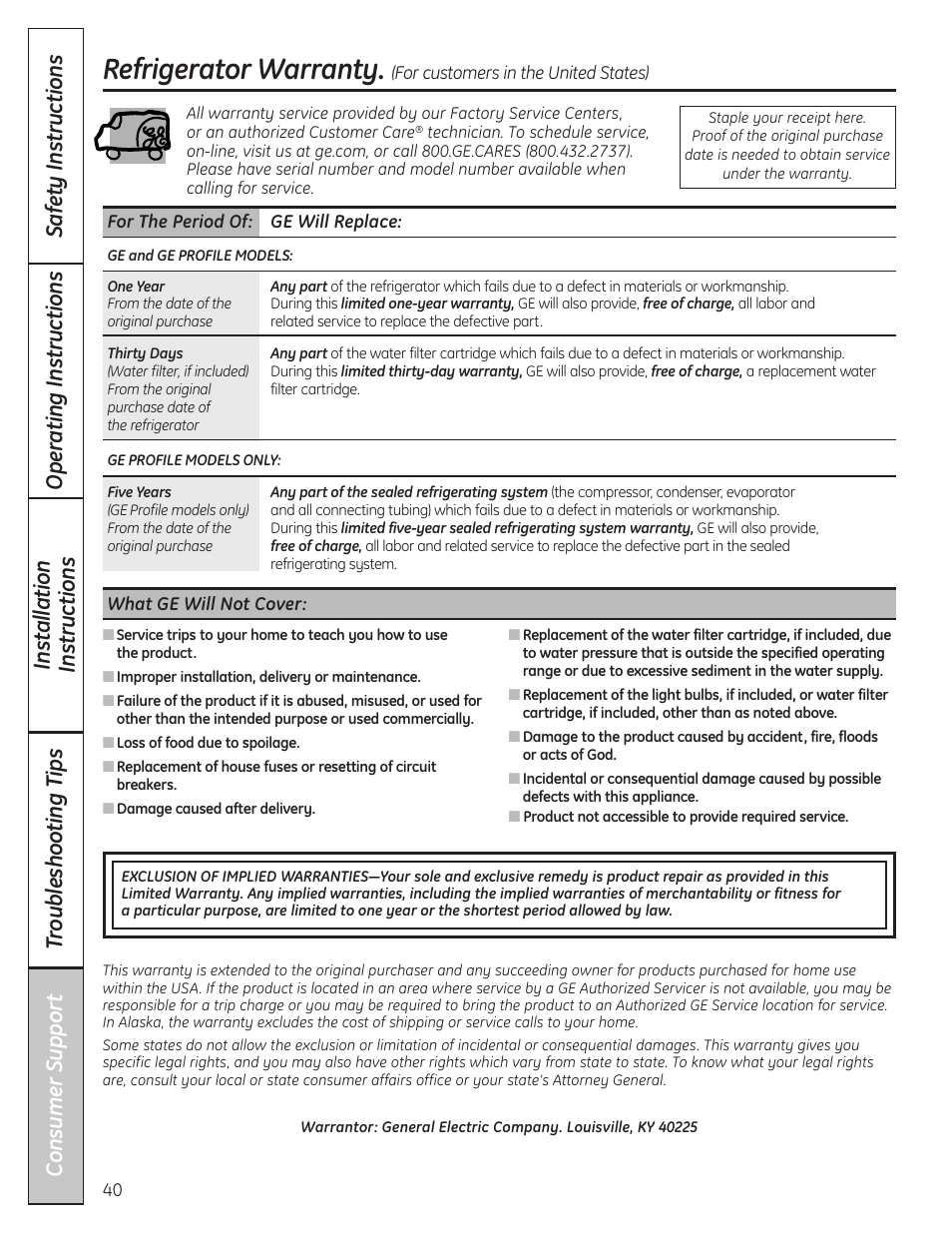 Warranty (u.s.), Refrigerator warranty | GE 23 User Manual | Page 40 / 132