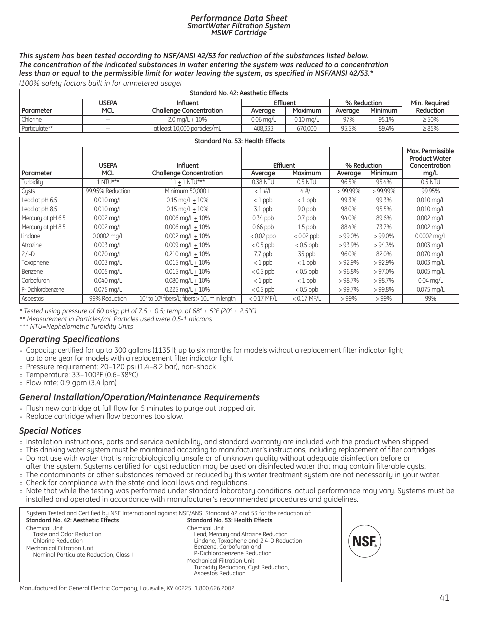 Performance data sheet, Operating specifications, Special notices | GE 23 User Manual | Page 41 / 132