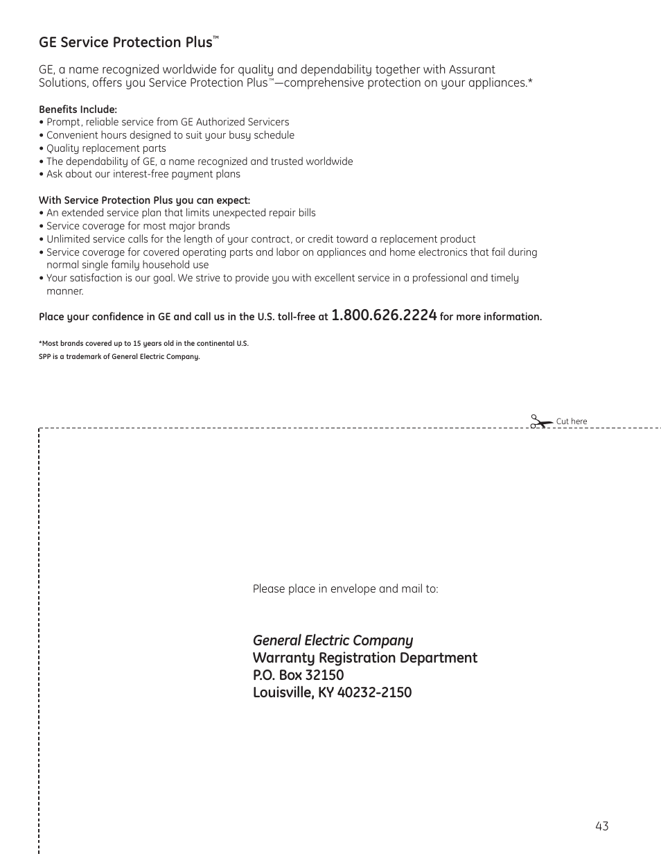 Product registration, Product registration , 44, Ge service protection plus | GE 23 User Manual | Page 43 / 132