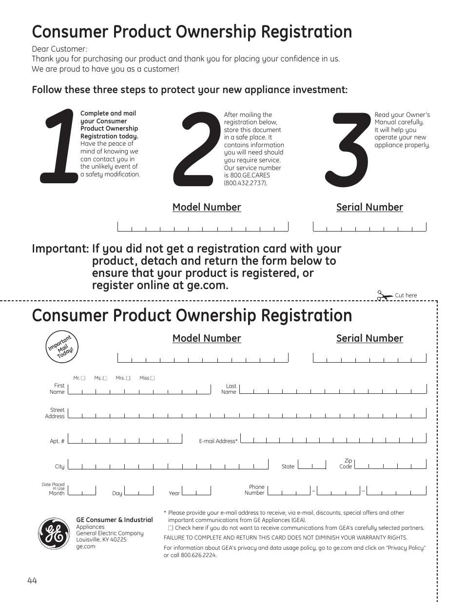 Consumer product ownership registration, Model number serial number | GE 23 User Manual | Page 44 / 132