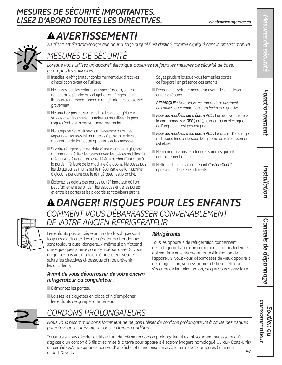 Mesures de sécurité, Avertissement, Danger! risques pour les enfants | Cordons prolongateurs | GE 23 User Manual | Page 47 / 132