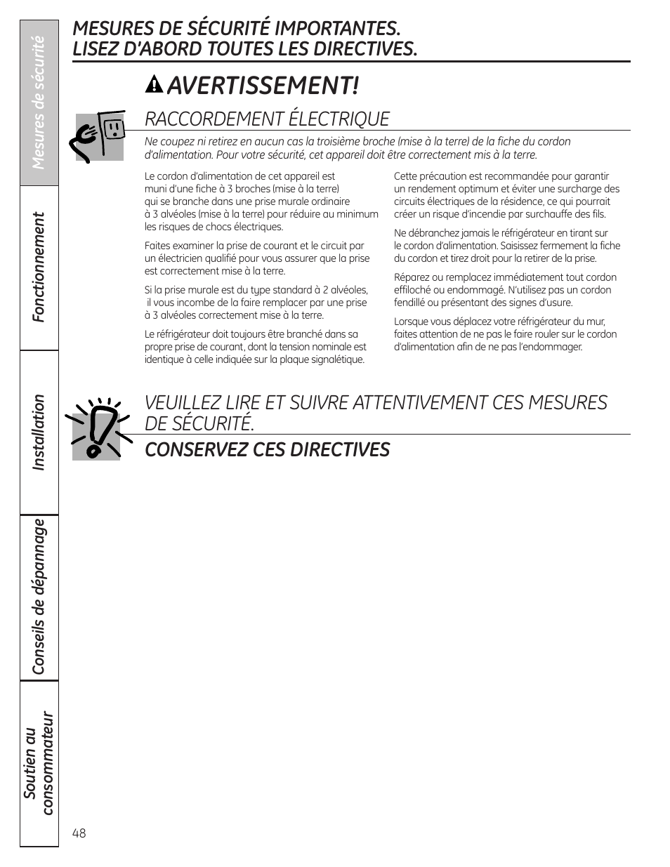 Avertissement, Raccordement électrique | GE 23 User Manual | Page 48 / 132