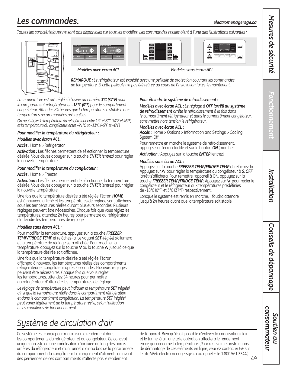 Les commandes, Système de circulation d’air | GE 23 User Manual | Page 49 / 132