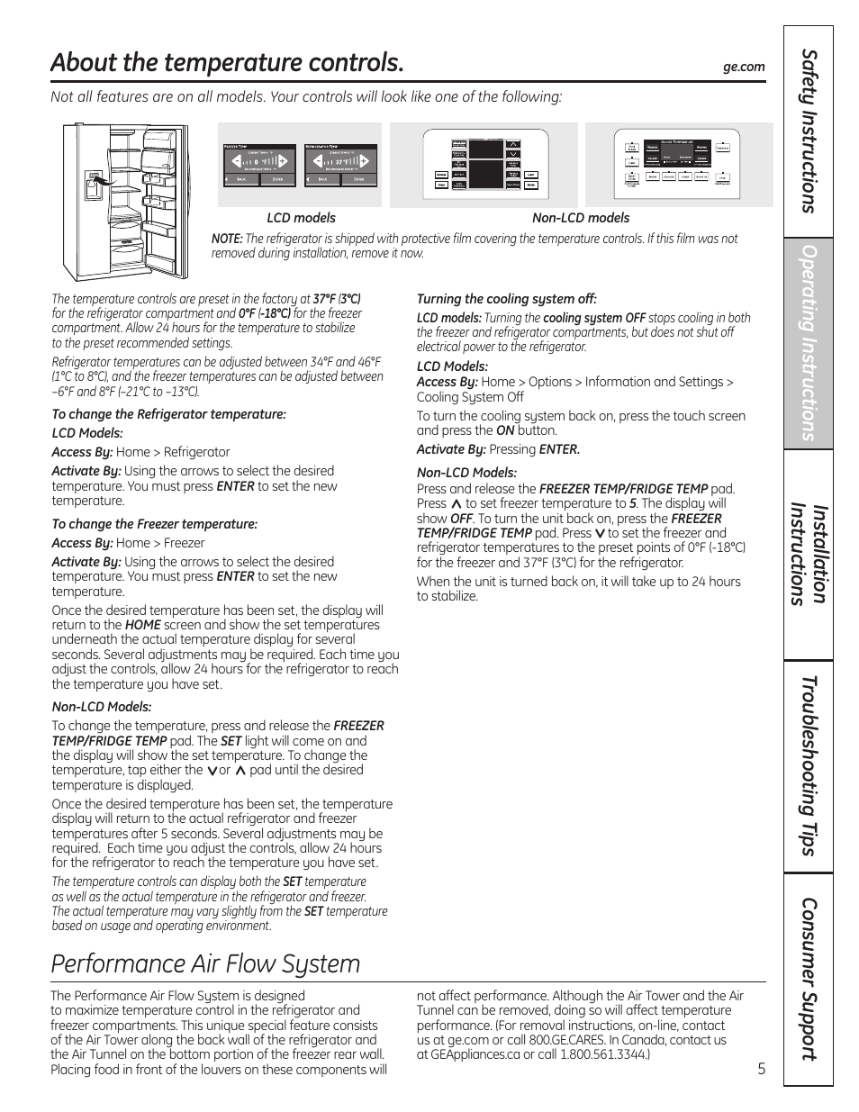 Temperature controls, About the temperature controls, Performance air flow system | GE 23 User Manual | Page 5 / 132