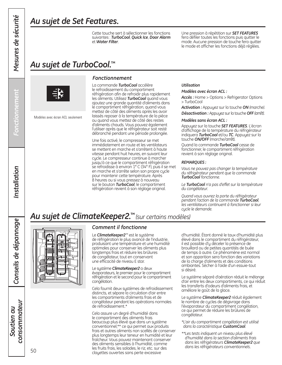 Climatekeeper2, Set features, Turbocool | Set features turbocool, Au sujet de turbocool, Au sujet de climatekeeper2, Au sujet de set features, Sur certains modèles) | GE 23 User Manual | Page 50 / 132