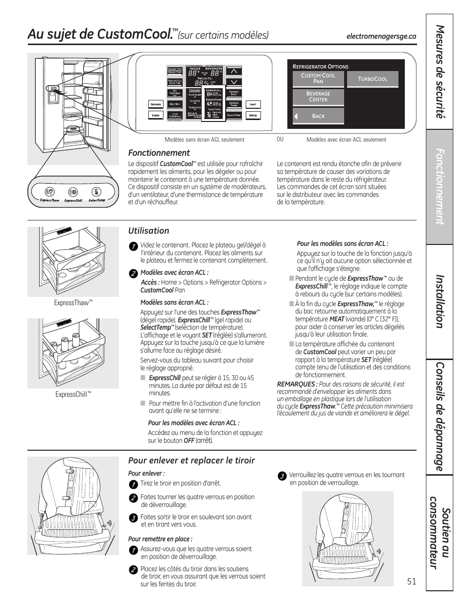 Customcool, Au sujet de customcool, Sur certains modèles) | Utilisation fonctionnement, Pour enlever et replacer le tiroir | GE 23 User Manual | Page 51 / 132