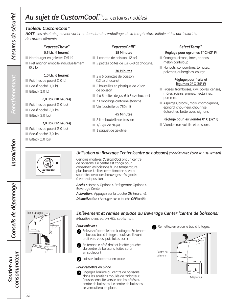 Au sujet de customcool, Sur certains modèles) | GE 23 User Manual | Page 52 / 132