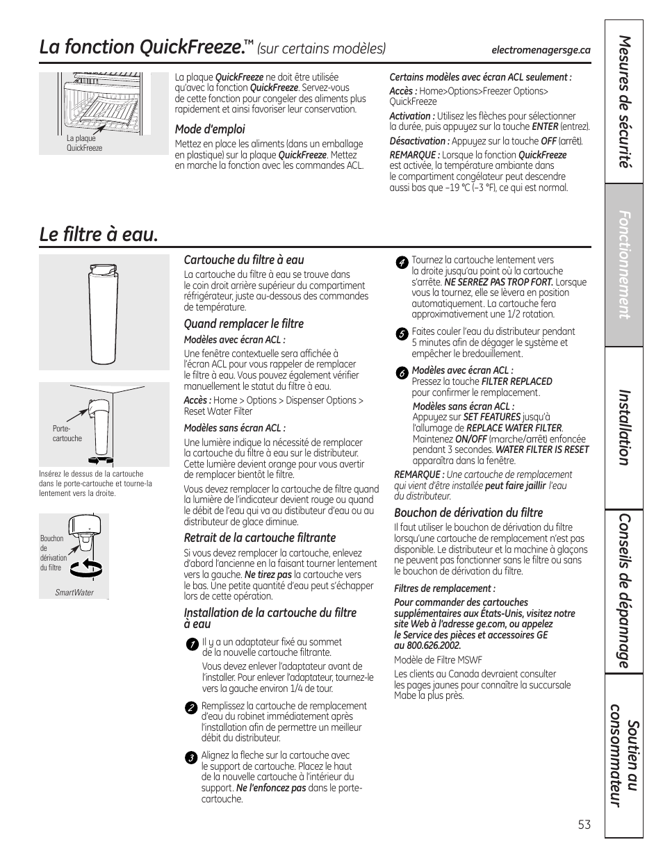 Le filtre à eau, Quickfreeze, La fonction quickfreeze | Sur certains modèles) | GE 23 User Manual | Page 53 / 132