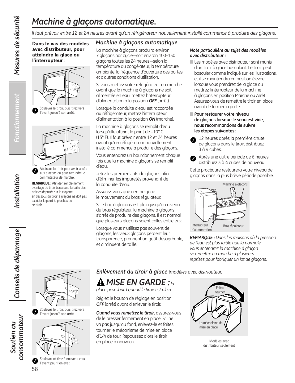 Machine à glaçons automatique, Mise en garde | GE 23 User Manual | Page 58 / 132
