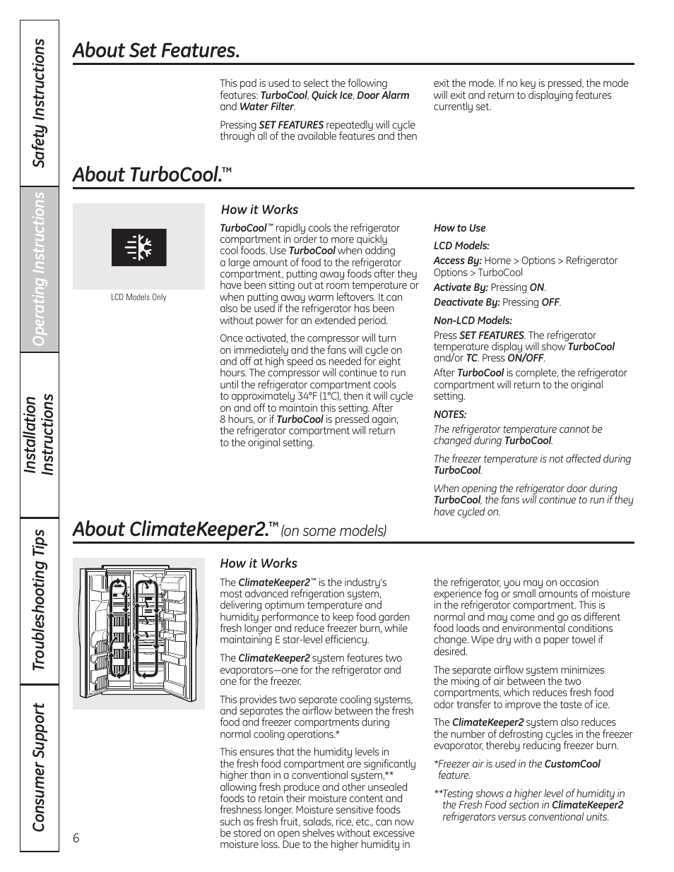 Climatekeeper2, Set features, Turbocool | About turbocool, About climatekeeper2, About set features, On some models) | GE 23 User Manual | Page 6 / 132