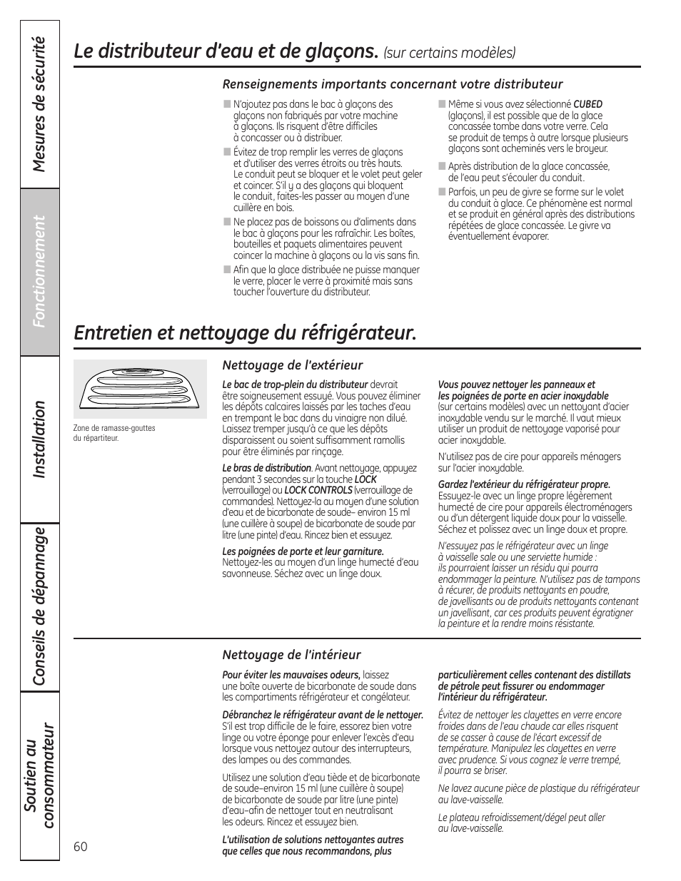 Entretien et nettoyagedu réfrigérateur, Entretien et nettoyage du réfrigérateur , 61, Le distributeur d’eau et de glaçons | Entretien et nettoyage du réfrigérateur, Sur certains modèles) | GE 23 User Manual | Page 60 / 132