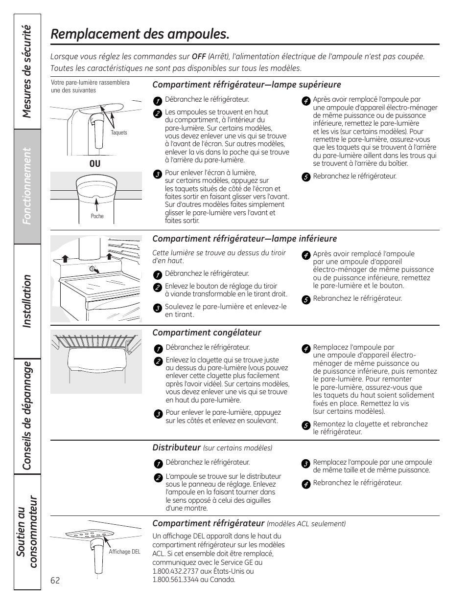 Remplacement des ampoules | GE 23 User Manual | Page 62 / 132