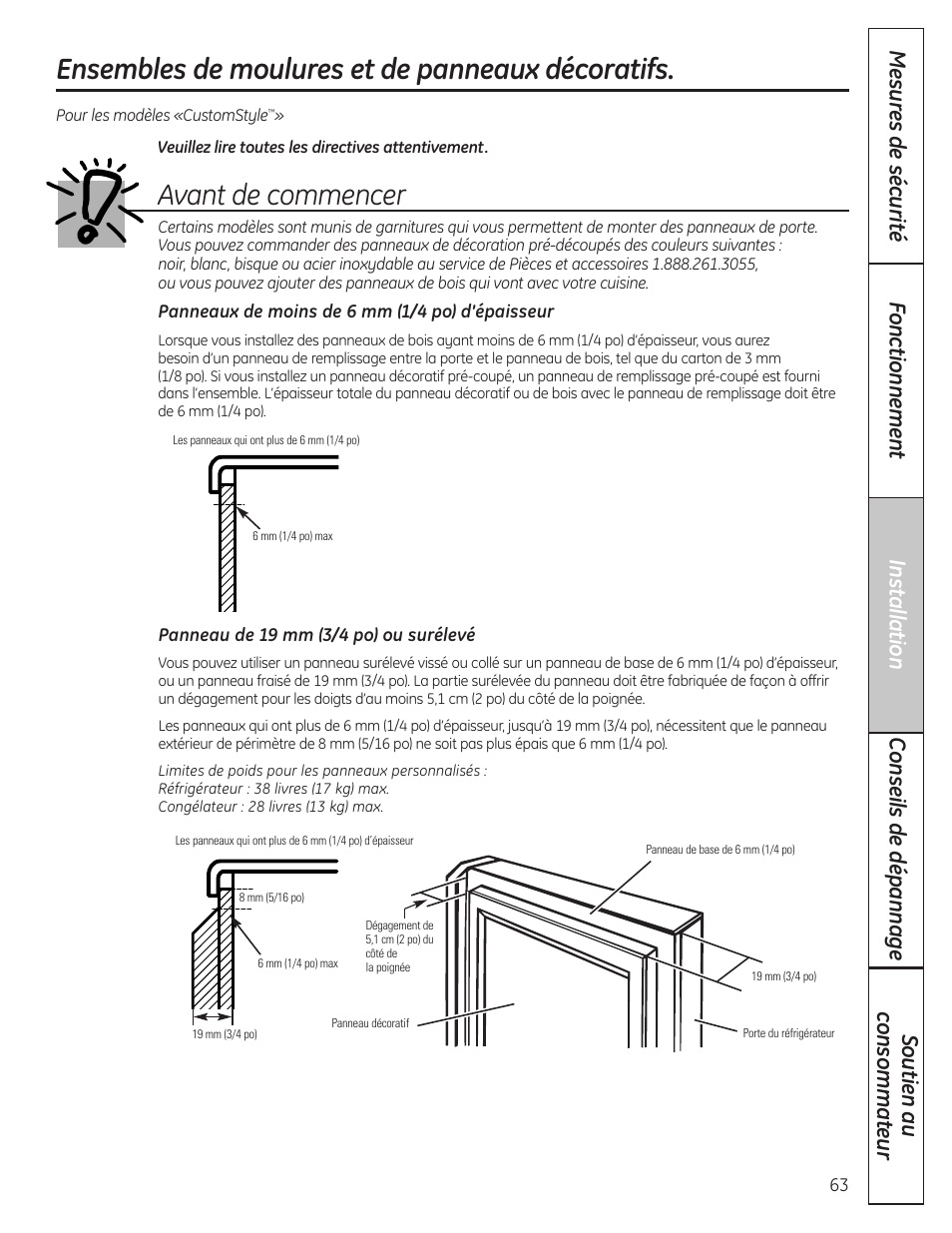Ensembles de moulures et de panneaux décoratifs, Avant de commencer | GE 23 User Manual | Page 63 / 132