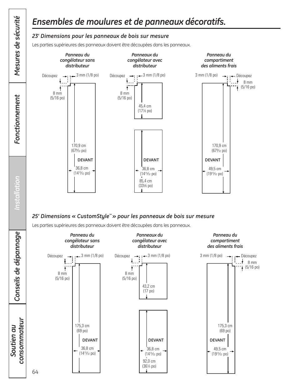 Ensembles de moulures et de panneaux décoratifs, 25‘ dimensions « customstyle, Pour les panneaux de bois sur mesure | GE 23 User Manual | Page 64 / 132
