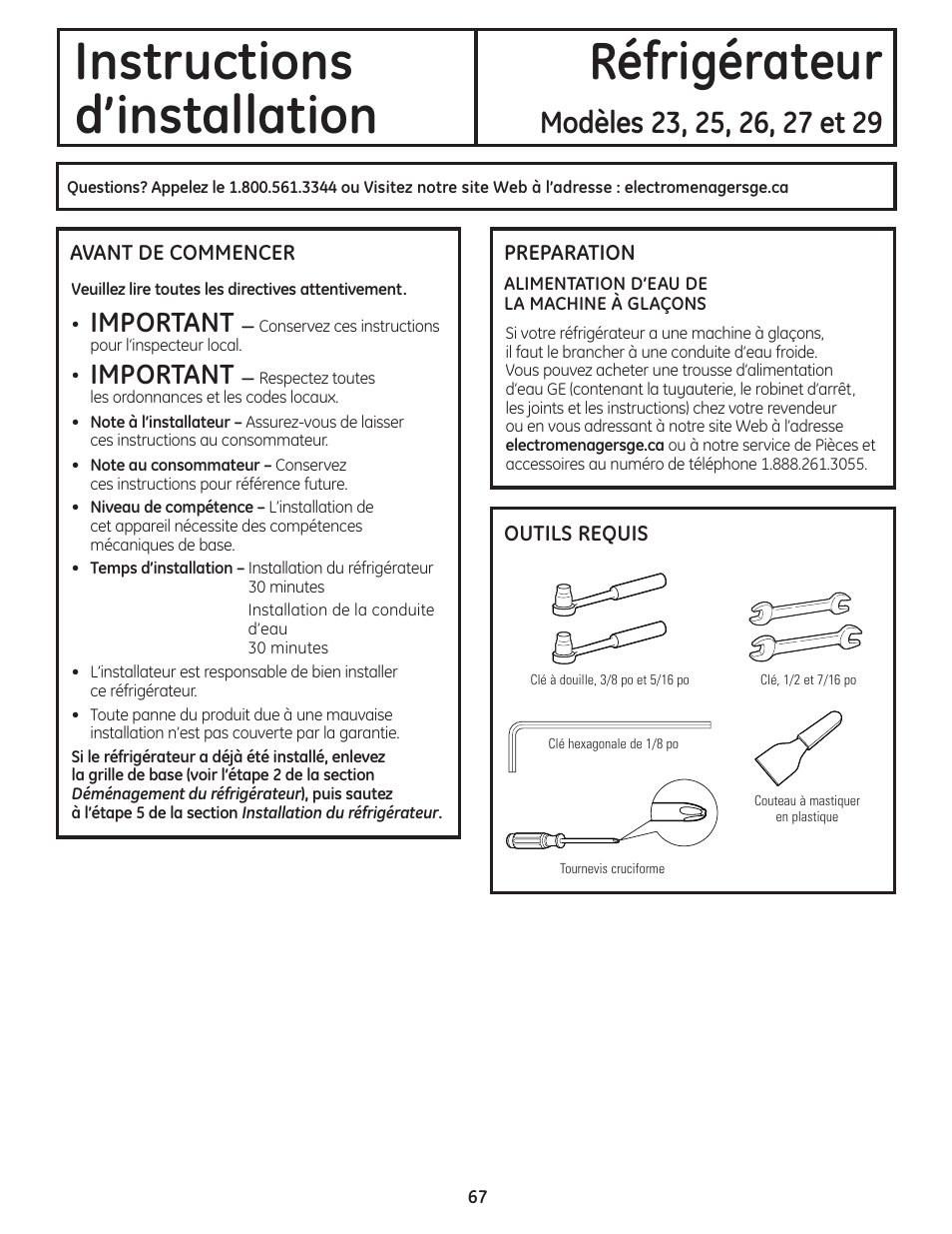 Préparation, Instructions réfrigérateur d’installation, Important | GE 23 User Manual | Page 67 / 132