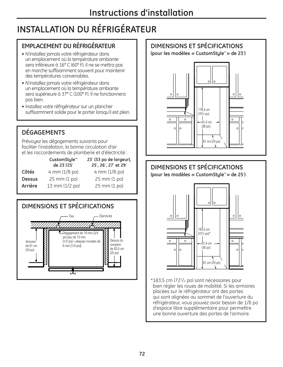 Installation du réfrigérateur, Installation du réfrigérateur –75, Dimensions et spécifications | Emplacement du réfrigérateur, Dégagements | GE 23 User Manual | Page 72 / 132