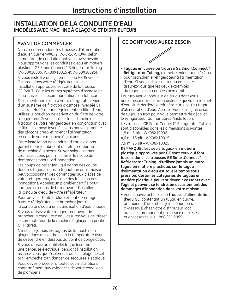 Installation de la conduite d’eau, Installation de la conduite d’eau –78, Instructions d’installation | Modèles avec machine à glaçons et distributeur), Avant de commencer, Ce dont vous aurez besoin | GE 23 User Manual | Page 76 / 132