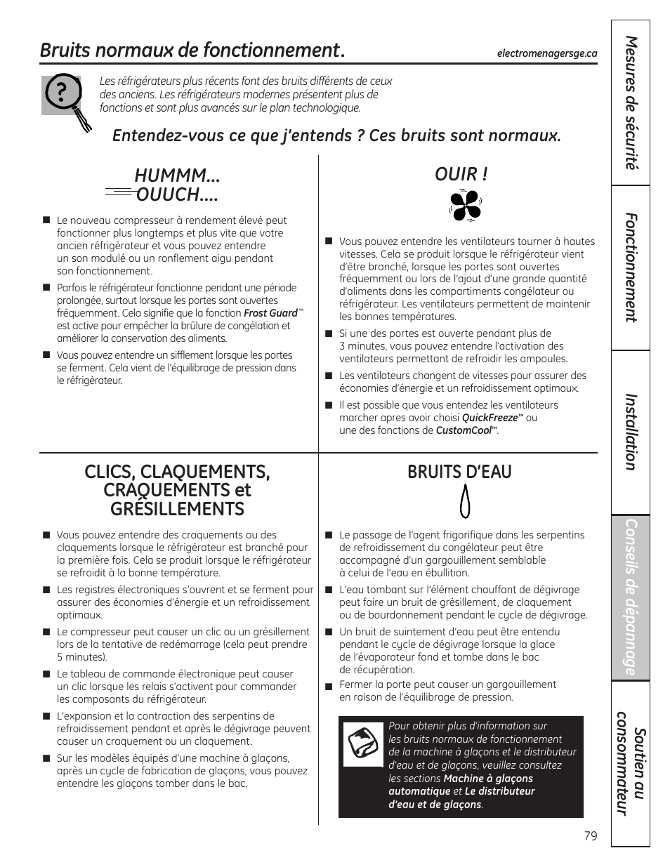 Conseils de dépannage, Bruits normaux de fonctionnement, Hummm... ouuch | Clics, claquements, craquements et grésillements, Bruits d’eau, Ouir | GE 23 User Manual | Page 79 / 132