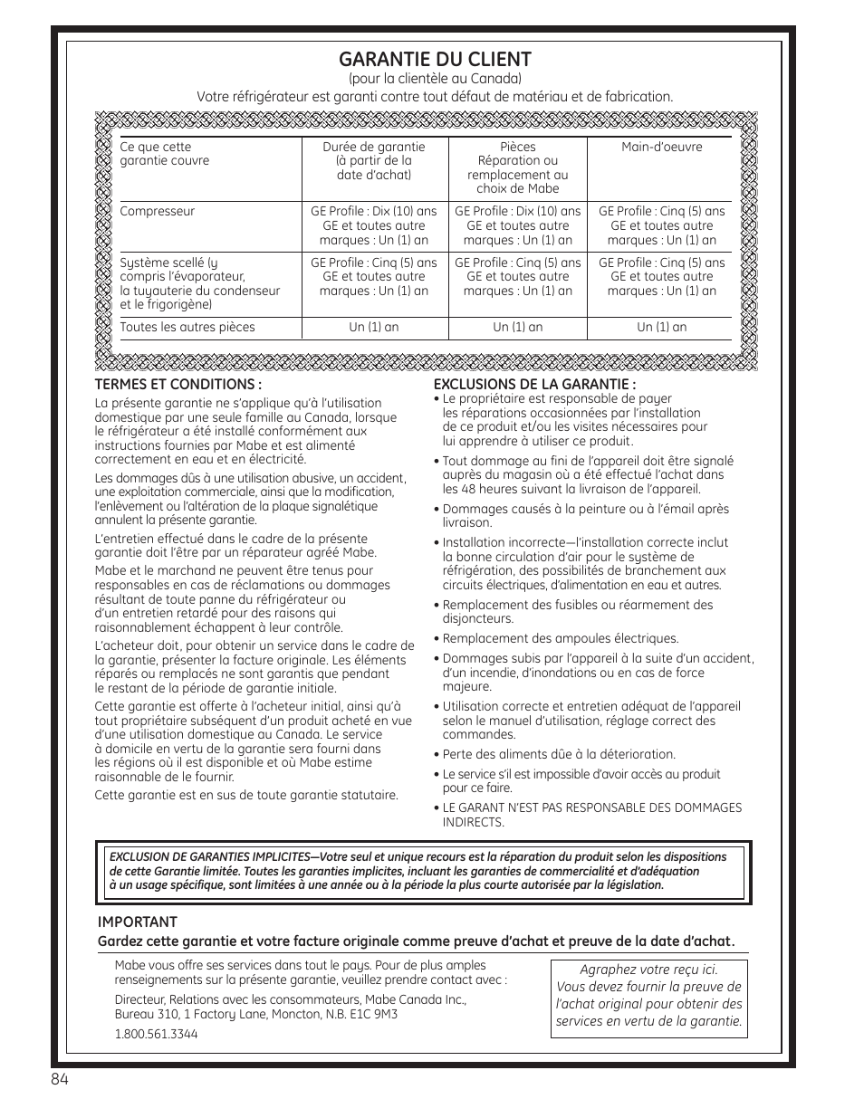 Garantie pour la clientèle au canada, Garantie du client | GE 23 User Manual | Page 84 / 132