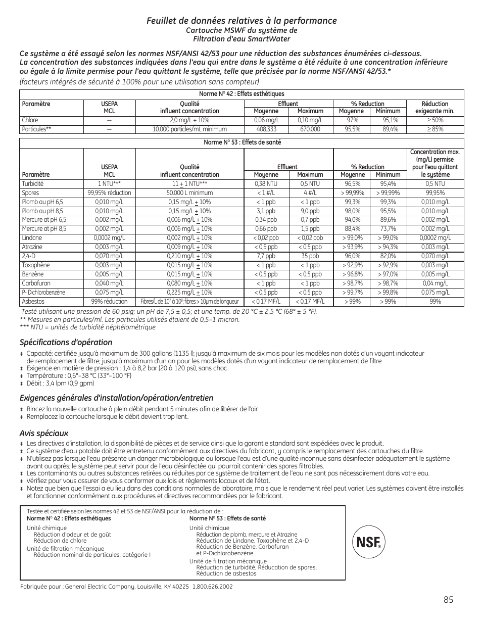 Feuillet de données relatives à la performance | GE 23 User Manual | Page 85 / 132