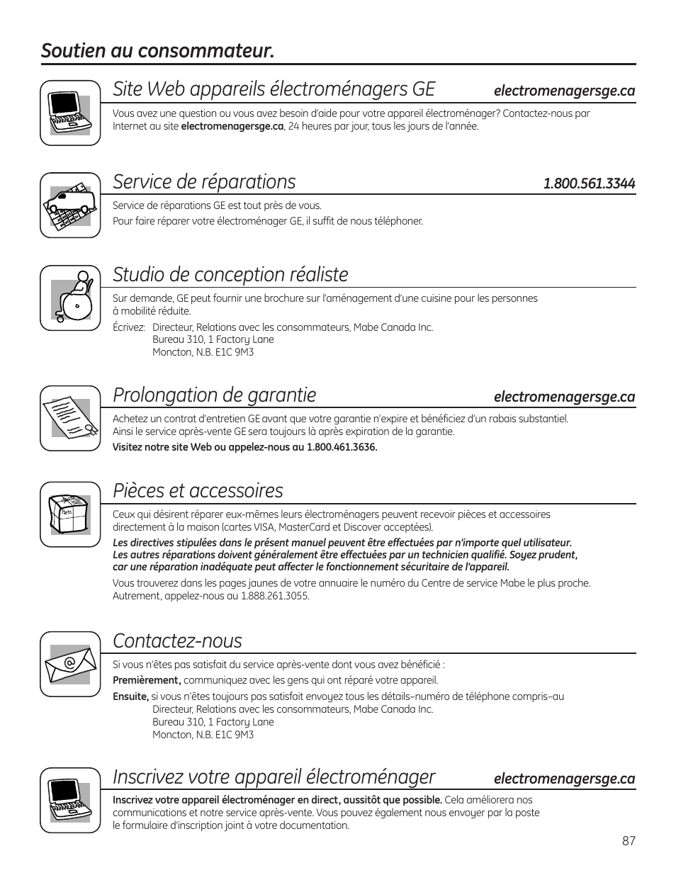 Soutien au consommateur, Service de réparations, Studio de conception réaliste | Prolongation de garantie, Pièces et accessoires, Contactez-nous, Inscrivez votre appareil électroménager | GE 23 User Manual | Page 87 / 132