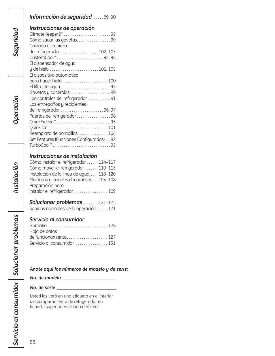 Spanish, Instrucciones de operación, Instrucciones de instalación | Servicio al consumidor | GE 23 User Manual | Page 88 / 132