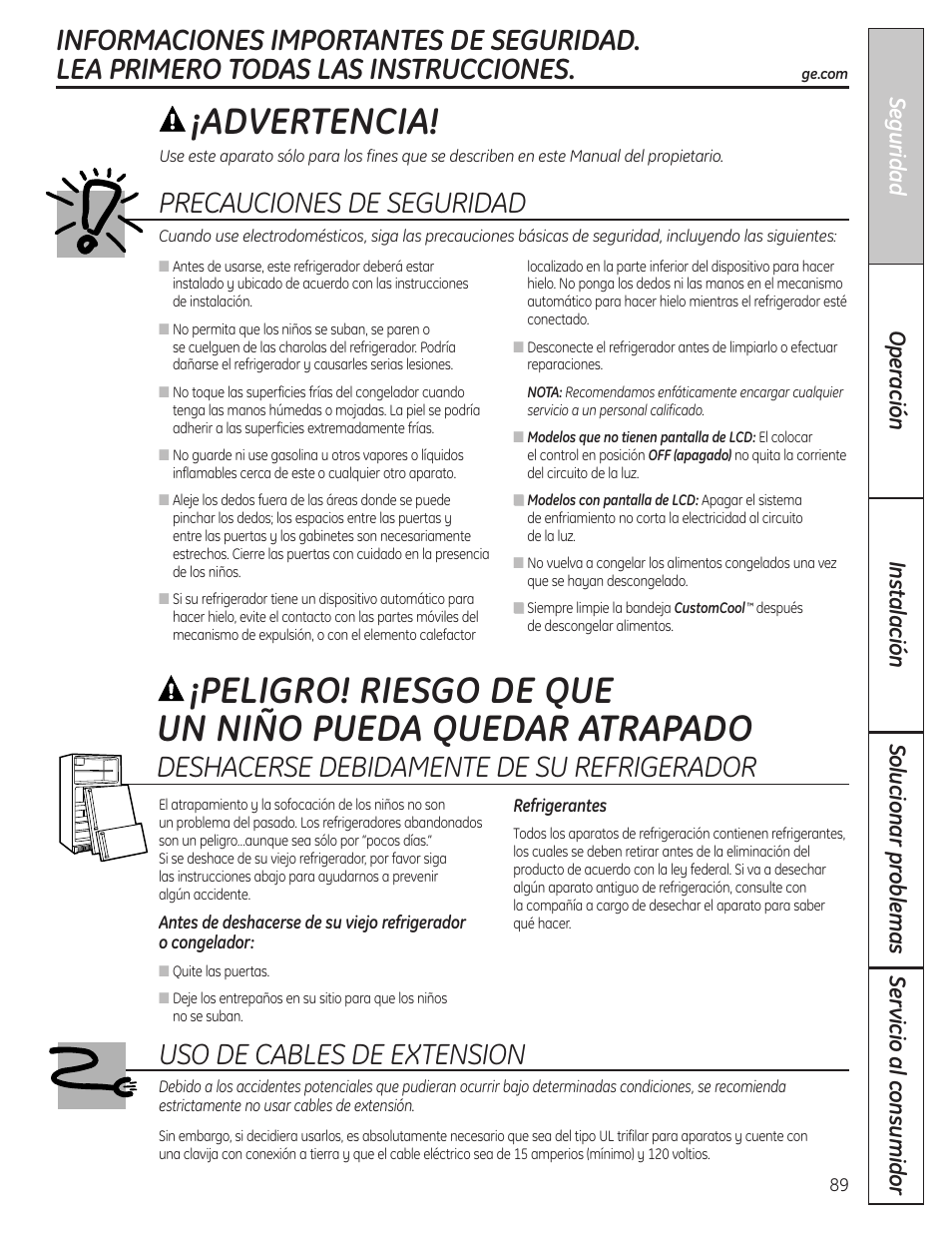 Información de seguridad, Advertencia, Precauciones de seguridad | Deshacerse debidamente de su refrigerador, Uso de cables de extension | GE 23 User Manual | Page 89 / 132