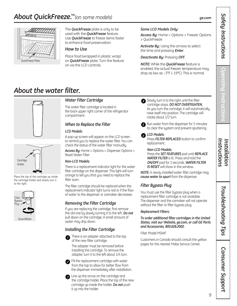 Quickfreeze, Water filter, About quickfreeze | About the water filter, On some models) | GE 23 User Manual | Page 9 / 132