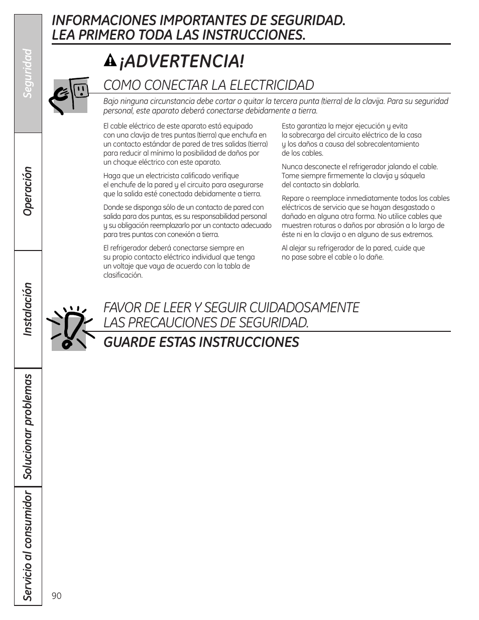 Advertencia, Como conectar la electricidad | GE 23 User Manual | Page 90 / 132