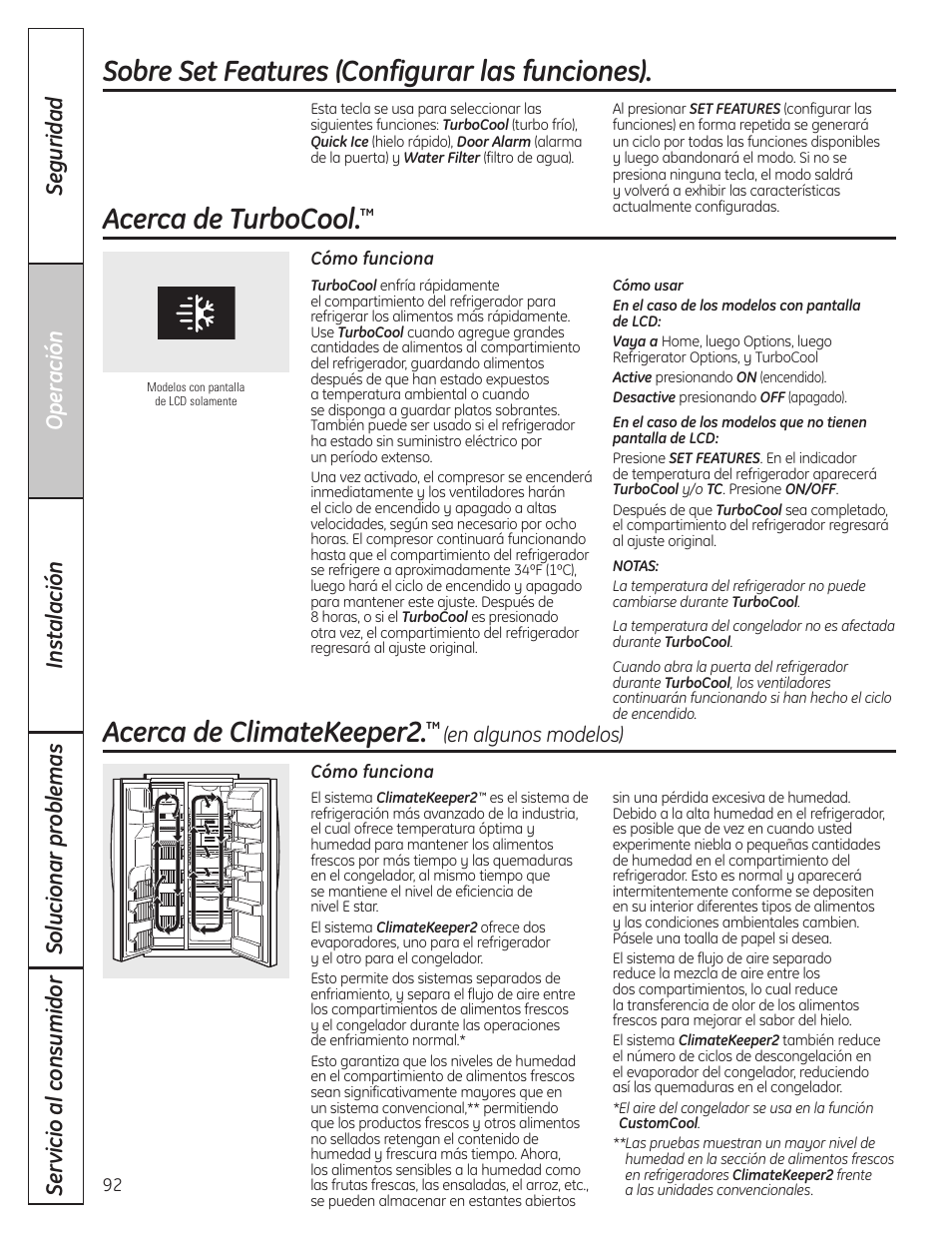 Climatekeeper2, Set features (funciones configuradas), Turbocool | Set features (funciones configuradas) turbocool, Acerca de turbocool, Acerca de climatekeeper2, Sobre set features (configurar las funciones) | GE 23 User Manual | Page 92 / 132
