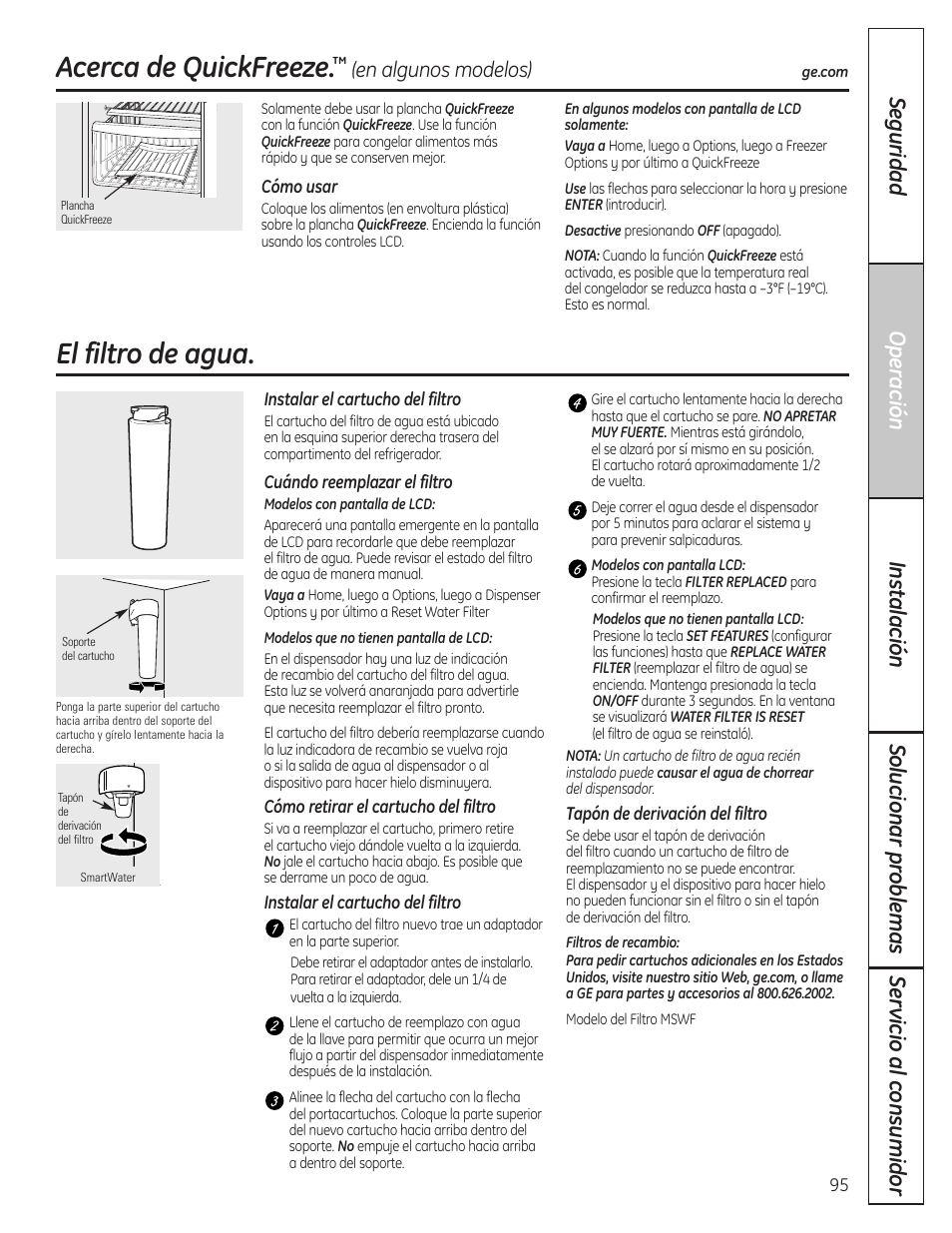 El filtro de agua, Quickfreeze, Acerca de quickfreeze | En algunos modelos) | GE 23 User Manual | Page 95 / 132