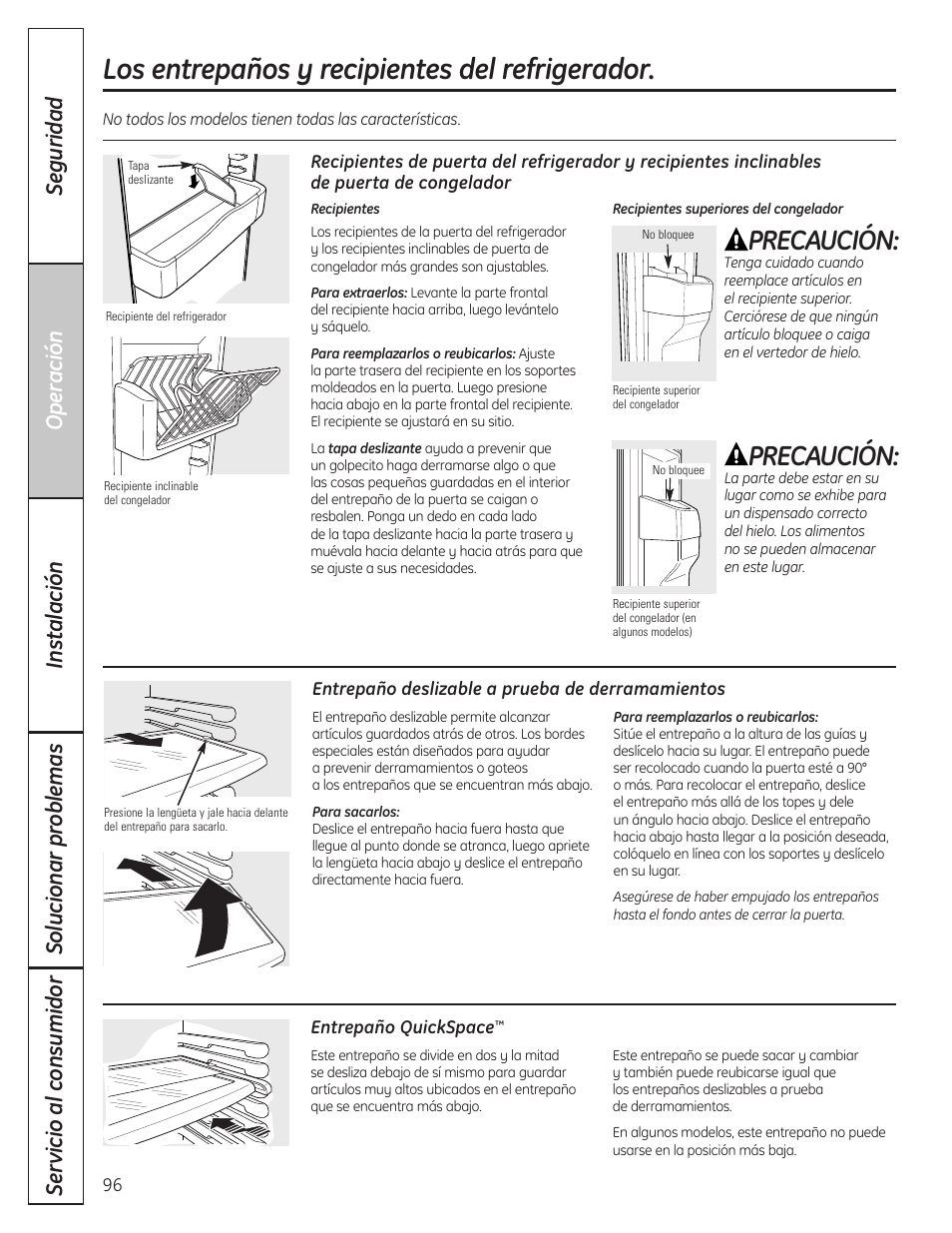 Los entrepaños y recipientes del refrigerador, Los entrepaños y recipientes del refrigerador , 97, Precaución | GE 23 User Manual | Page 96 / 132