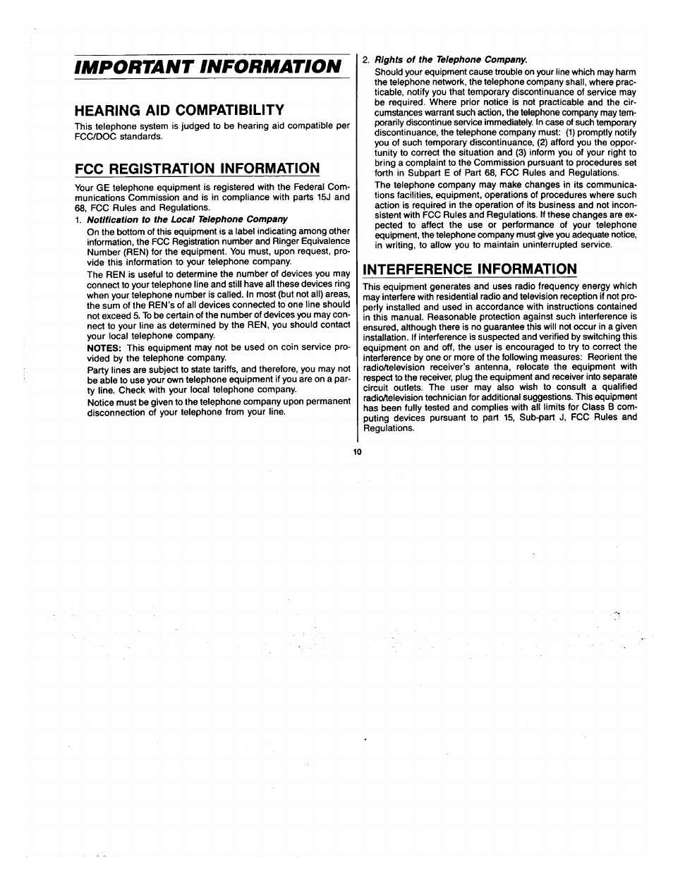 Hearing aid compatibility, Fcc registration information, Interference information | Important information | GE 2-9720 User Manual | Page 10 / 16