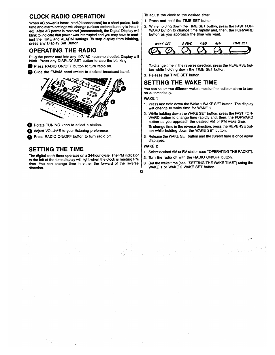 Clock radio operation, Operating the radio, Setting the time | Setting the wake time, Operating the radio setting the time | GE 2-9720 User Manual | Page 12 / 16