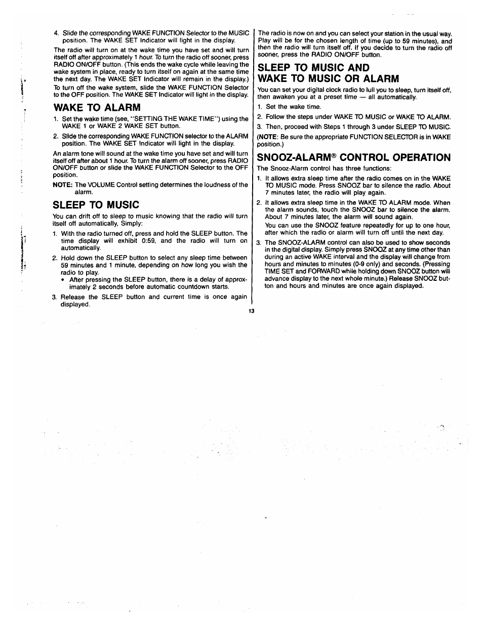 Wake to alarm, Sleep to music, Sleep to music and wake to music or alarm | Snooz-alarm® control operation | GE 2-9720 User Manual | Page 13 / 16