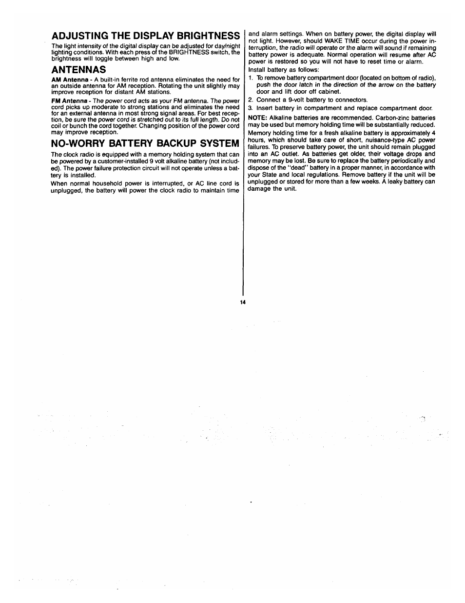 Adjusting the display brightness, Antennas, No-worry battery backup system | Adjusting the display brightness antennas | GE 2-9720 User Manual | Page 14 / 16