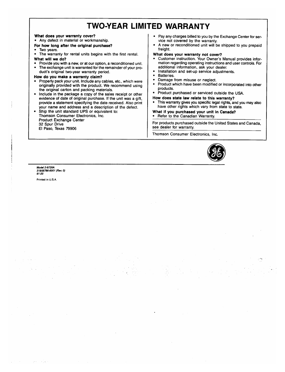 Two-year limited warranty | GE 2-9720 User Manual | Page 16 / 16