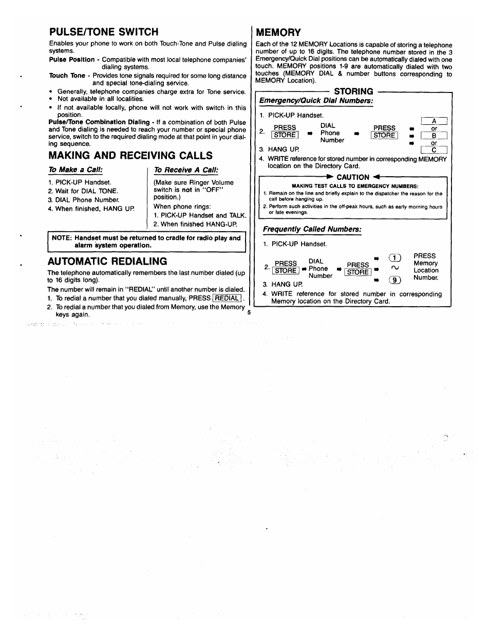 Pulse/tone switch, Making and receiving calls, Automatic redialing | Memory, Storing | GE 2-9720 User Manual | Page 5 / 16