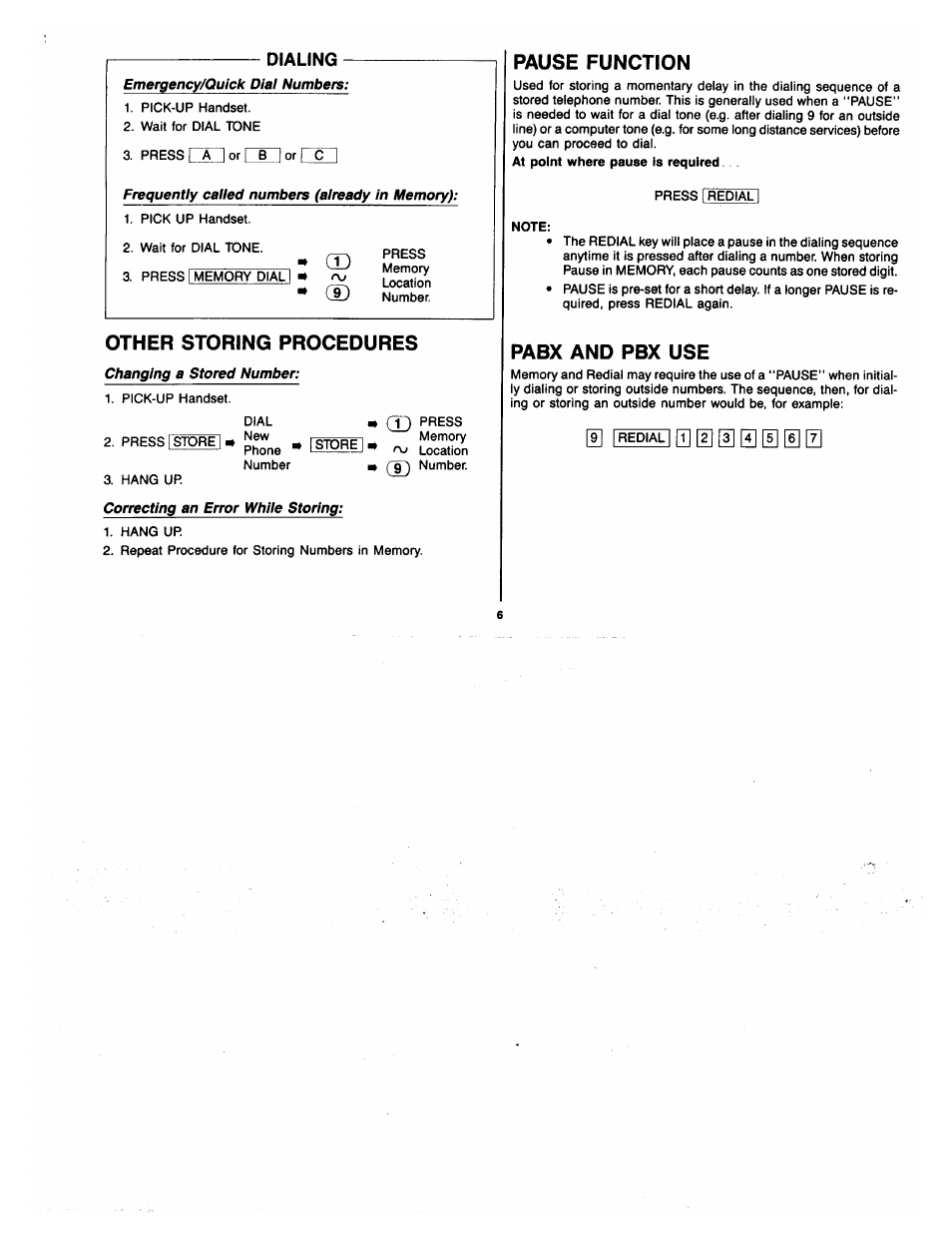 Other storing procedures, Pause function, Pabx and pbx use | Dialing | GE 2-9720 User Manual | Page 6 / 16