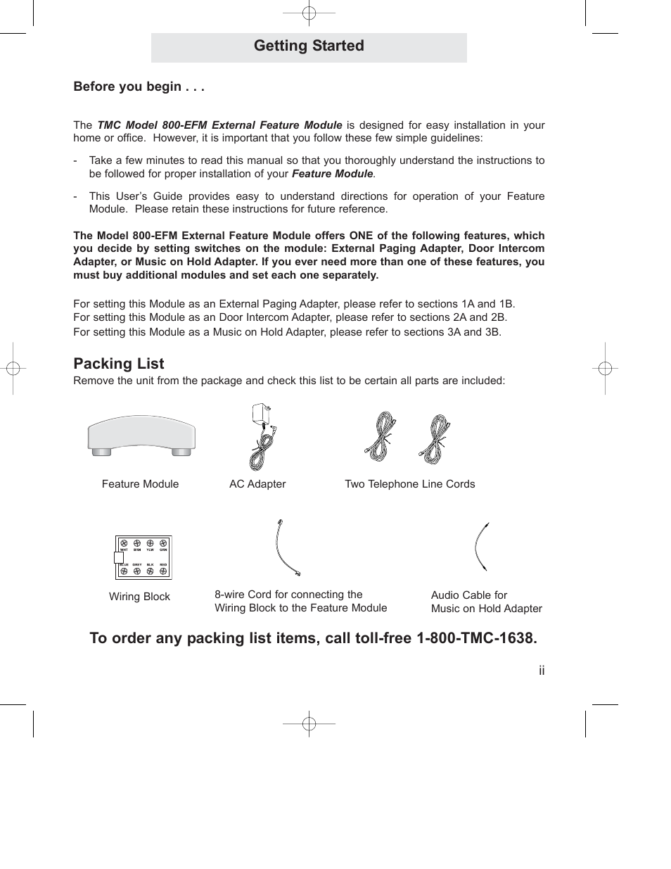 Packing list, Getting started | GE 800-EFM User Manual | Page 3 / 44