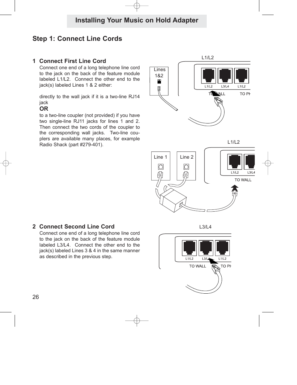 Step 1: connect line cords, Installing your music on hold adapter | GE 800-EFM User Manual | Page 31 / 44